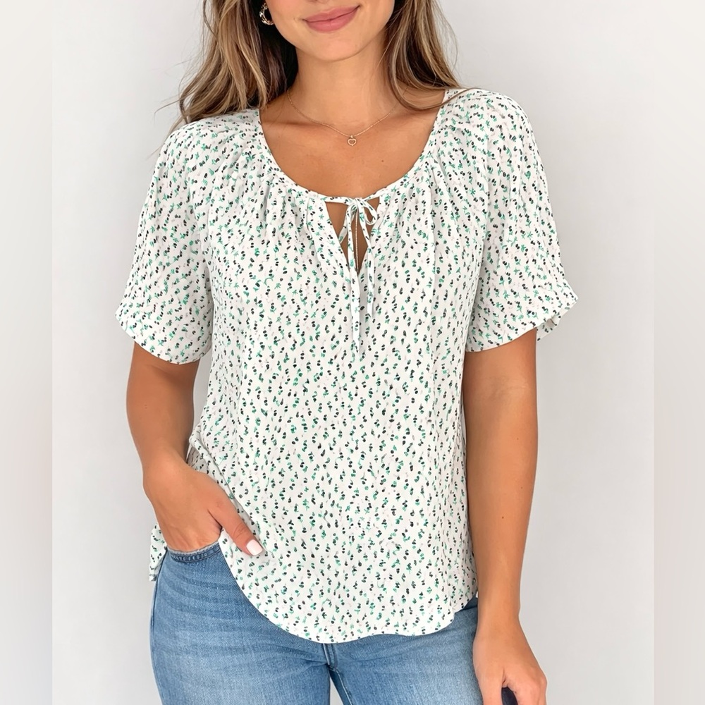 Ann Taylor Green Purple Floral Print Blouse Short Sleeve Casual Classic Top SP